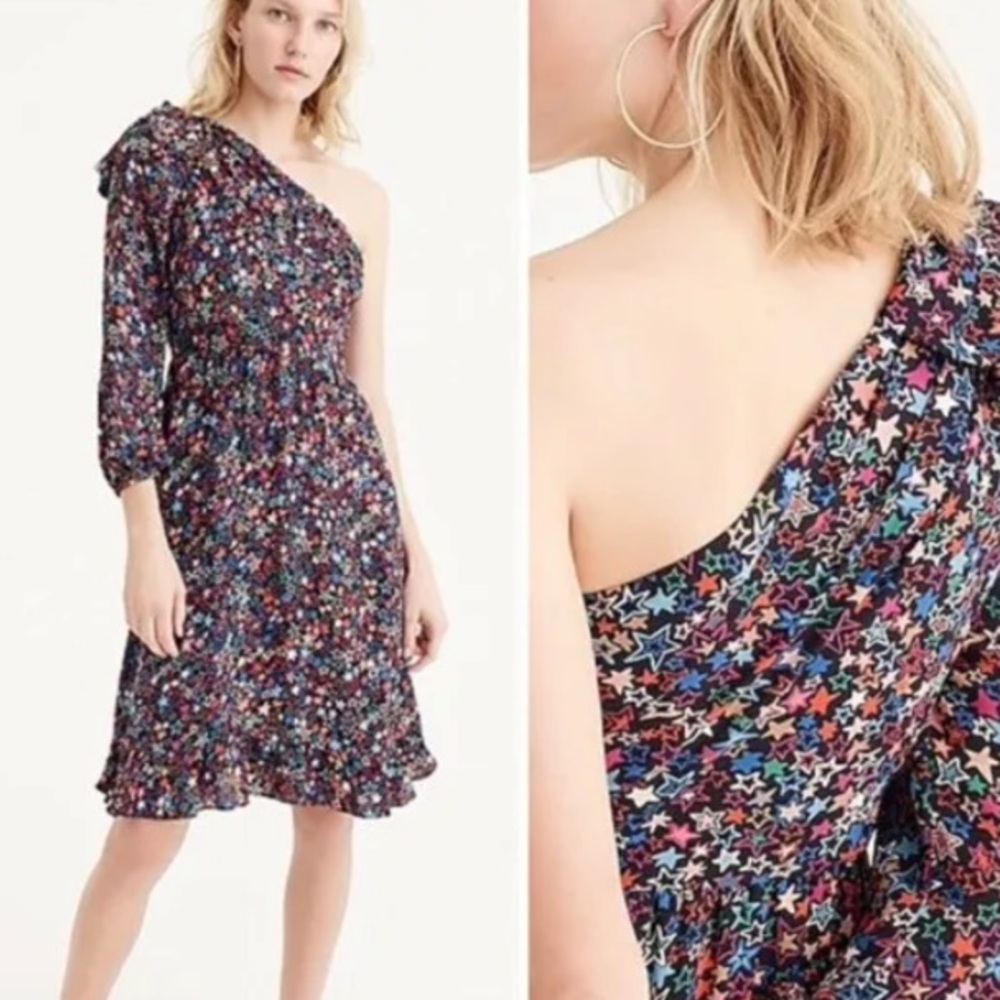 J. Crew One-shoulder Dress in Kaleidoscope Star Print Indigo Multi #H2660